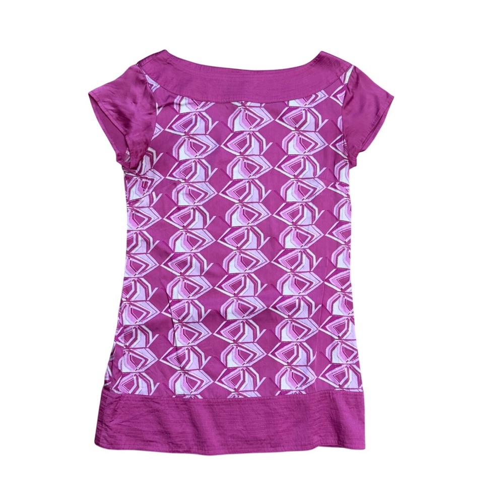 Vtg Magenta Pink Geometric Silk Blend Tunic Top Small Cap Sleeve Boat Neck y2k